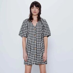 Zara puff sleeve linen blend gingham plaid mini dress, black/white size small